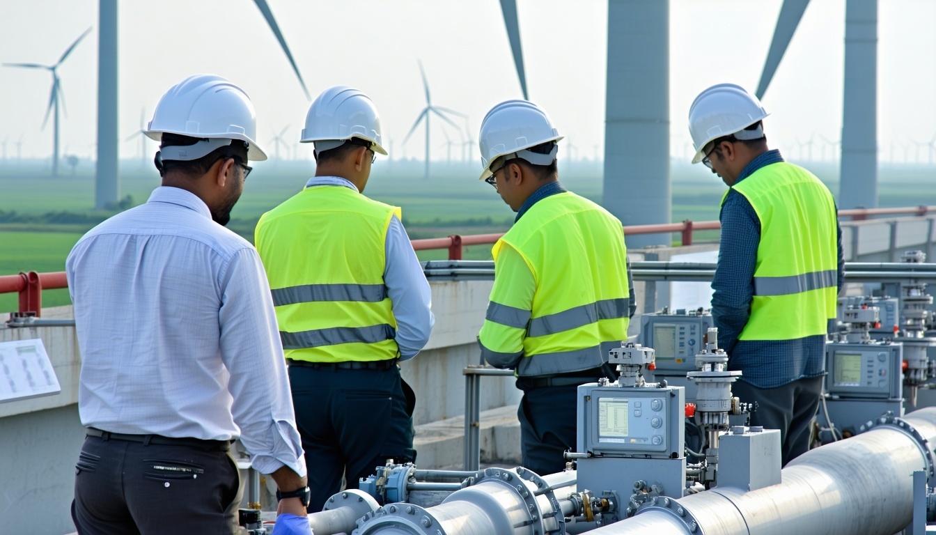 Team of engineers working at a Hindustan Power wind energy facility
